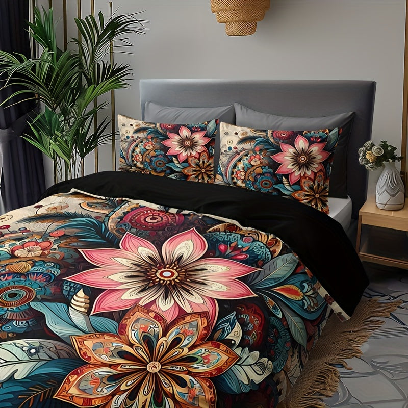 Conjunto de ropa de cama bohemia con mandala floral, 3 piezas, funda nórdica y fundas de almohada