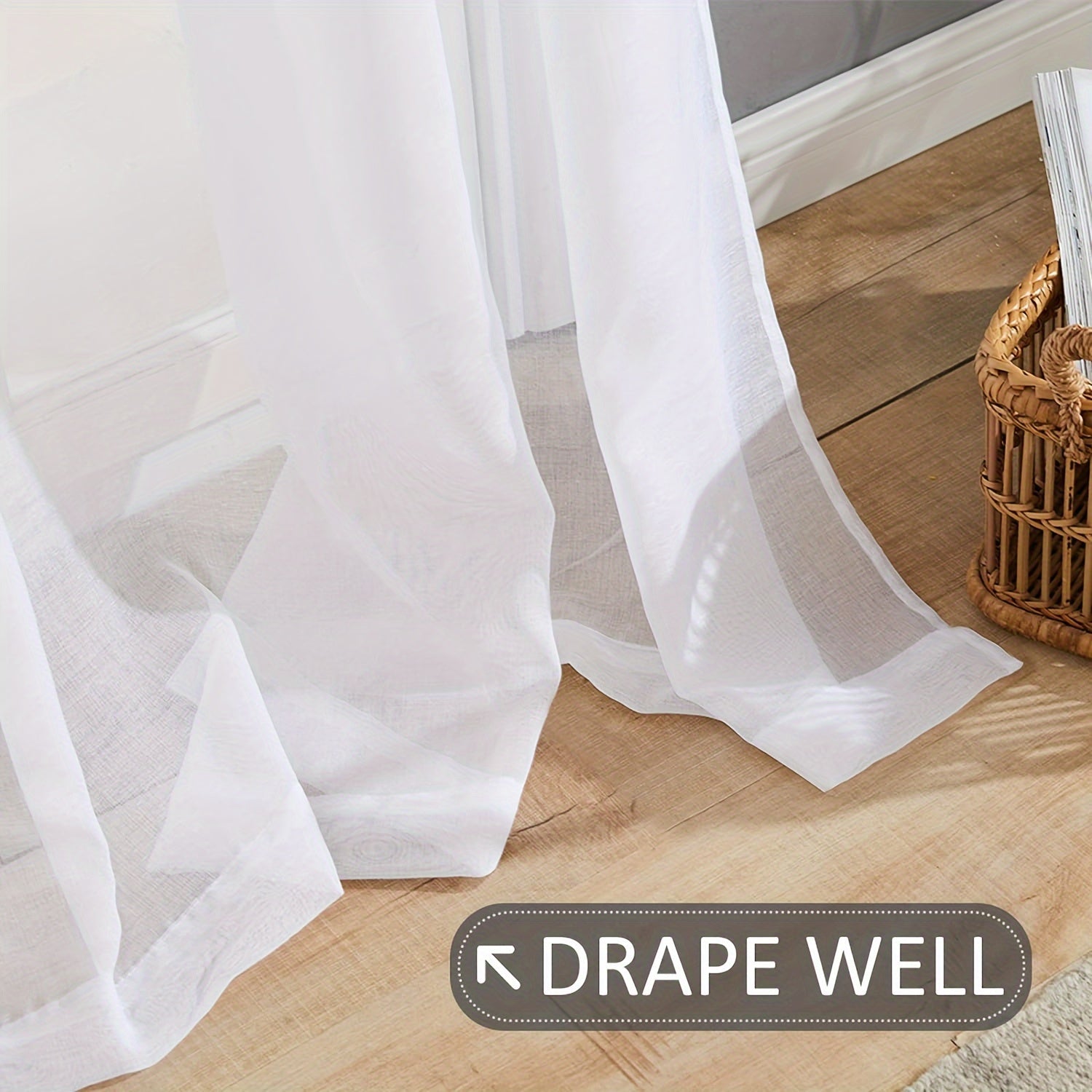 Juego de 2 cortinas de cocina semi-translúcidas con textura de lino blancas para cafetería, sala de estar y dormitorio