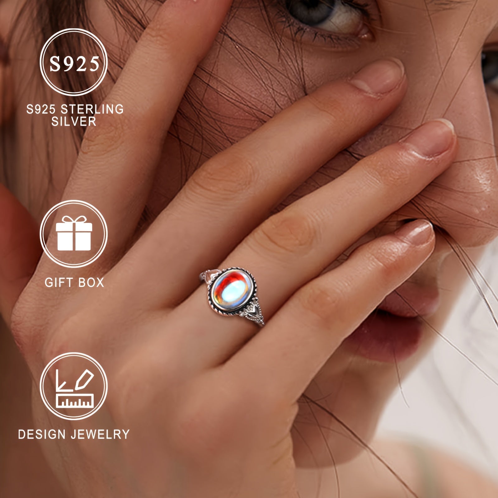 Серебряное кольцо в форме сердца с овальным лунным камнем в винтажном стиле для женщин