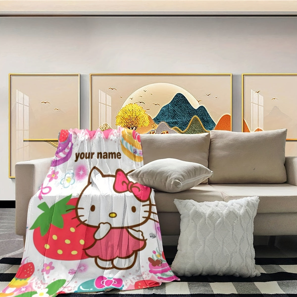 Cartoon Hello Kitty Custom Flannel Blanket Cozy Soft Warm Gift for Fans
