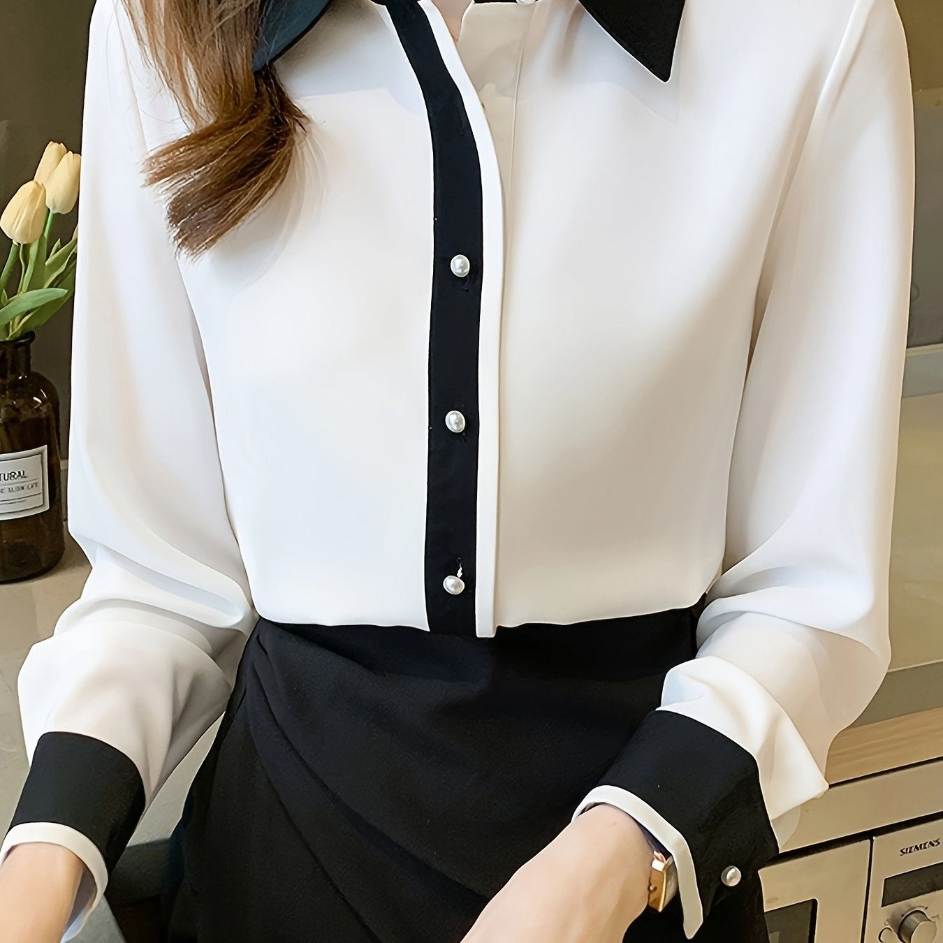 Women's Long Sleeve Button-Up Shirt with Contrast Trim Casual Spring Fall Solid Color