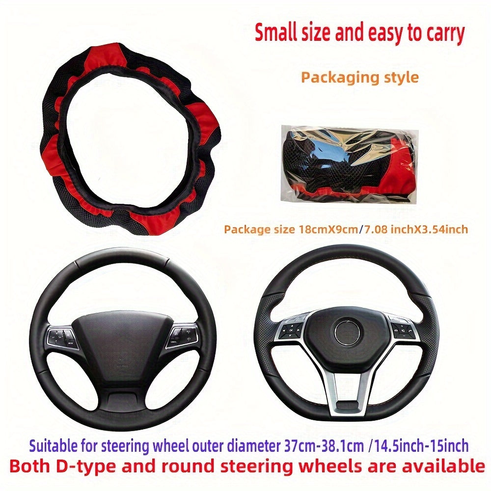 Universal Leather Steering Wheel Cover Breathable 3D Mesh Red Black 36-38cm