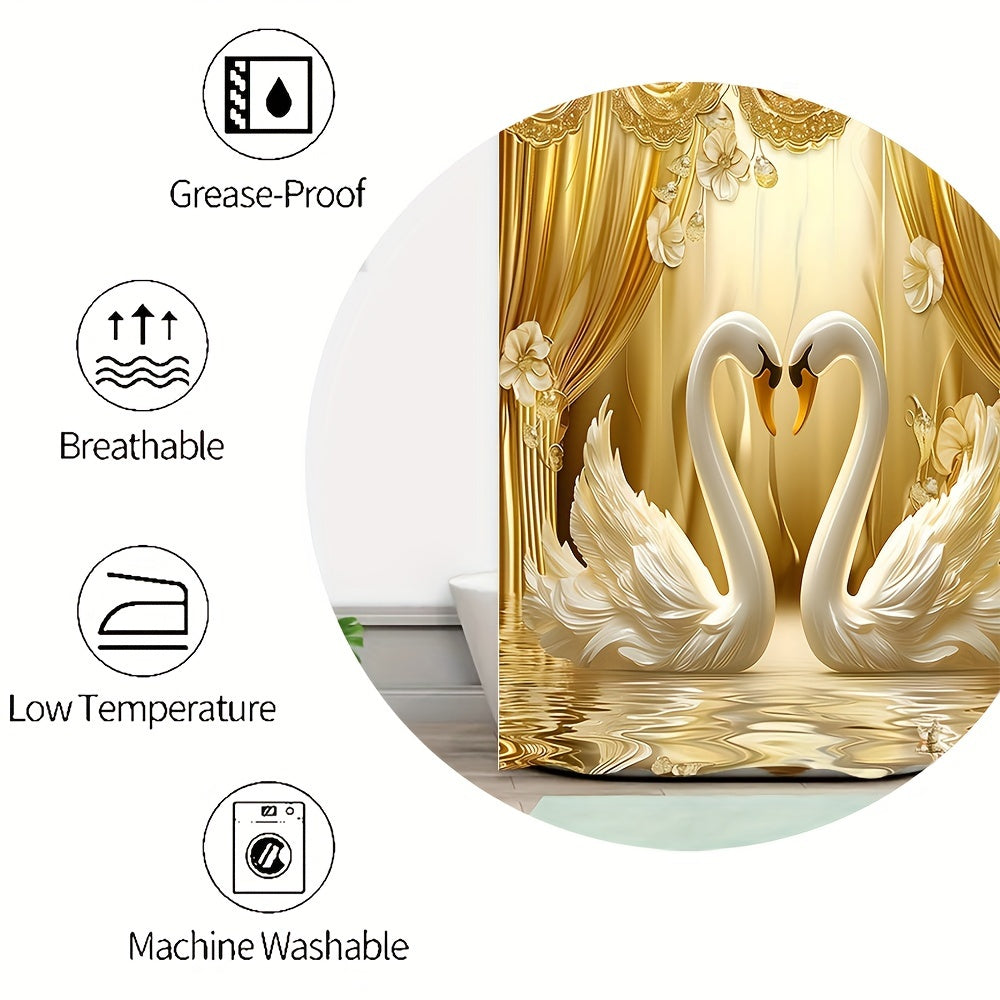 Golden 3D Swans Bathroom Set with Hooks Curtain Mat Seat Cover Rug for Valentine's Day