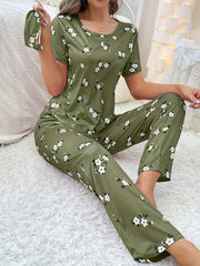 Women's Floral Pajama Set Short Sleeve Top Elastic Waist Pants Spring Summer