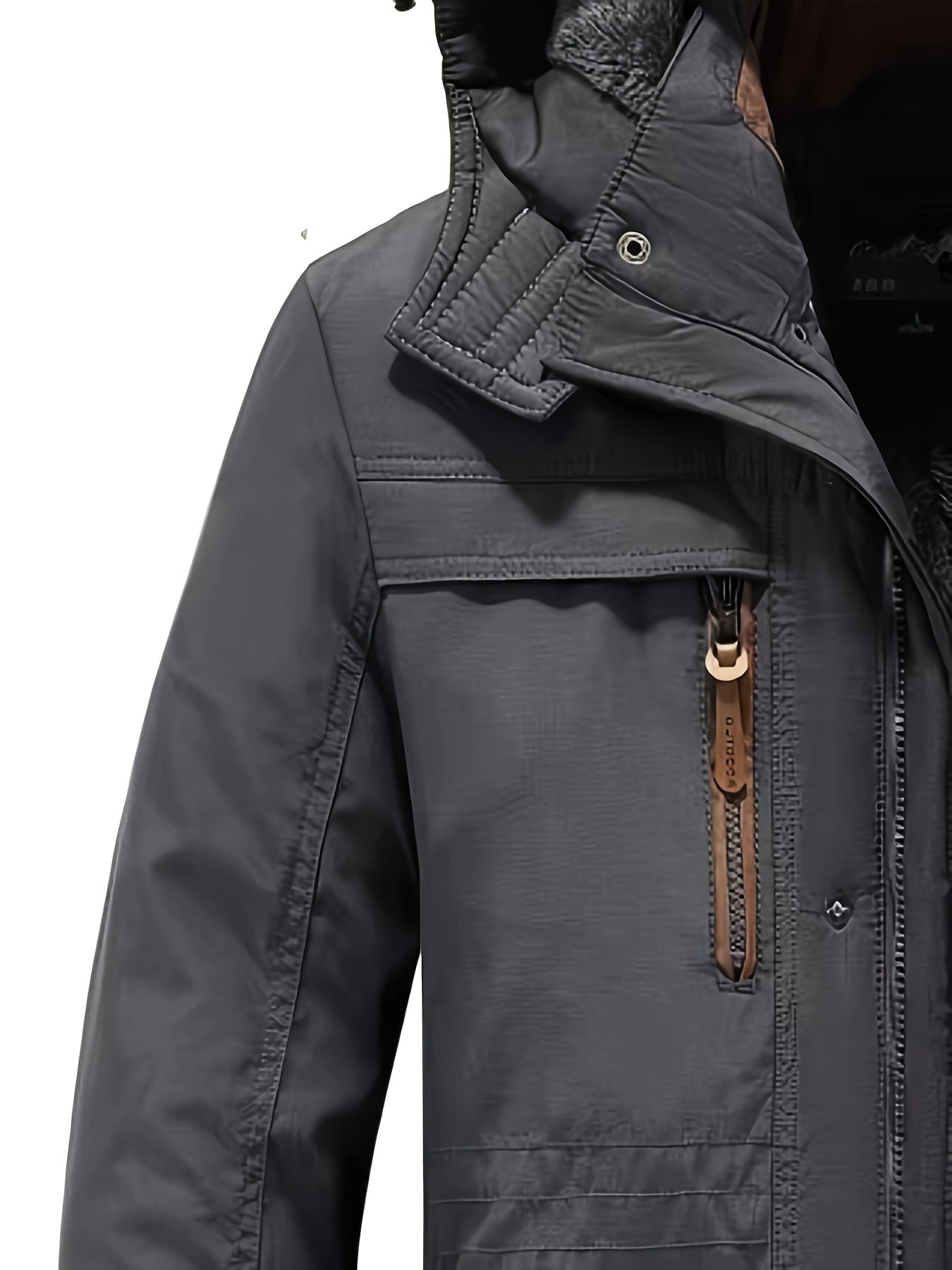 Qalin qish palto, velur astar bilan, ko'p cho'ntakli dizayn, qo'shimcha issiqlik va sovuq qarshilik uchun kapuchonli.