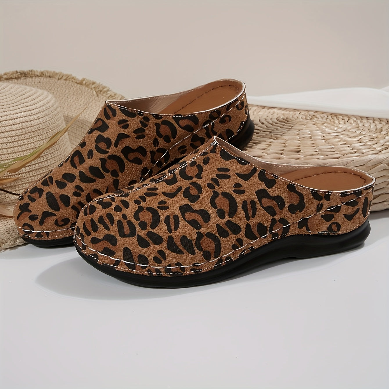 Women's Leopard Print Slip-On Mules Casual Shoes with Rubber Sole
