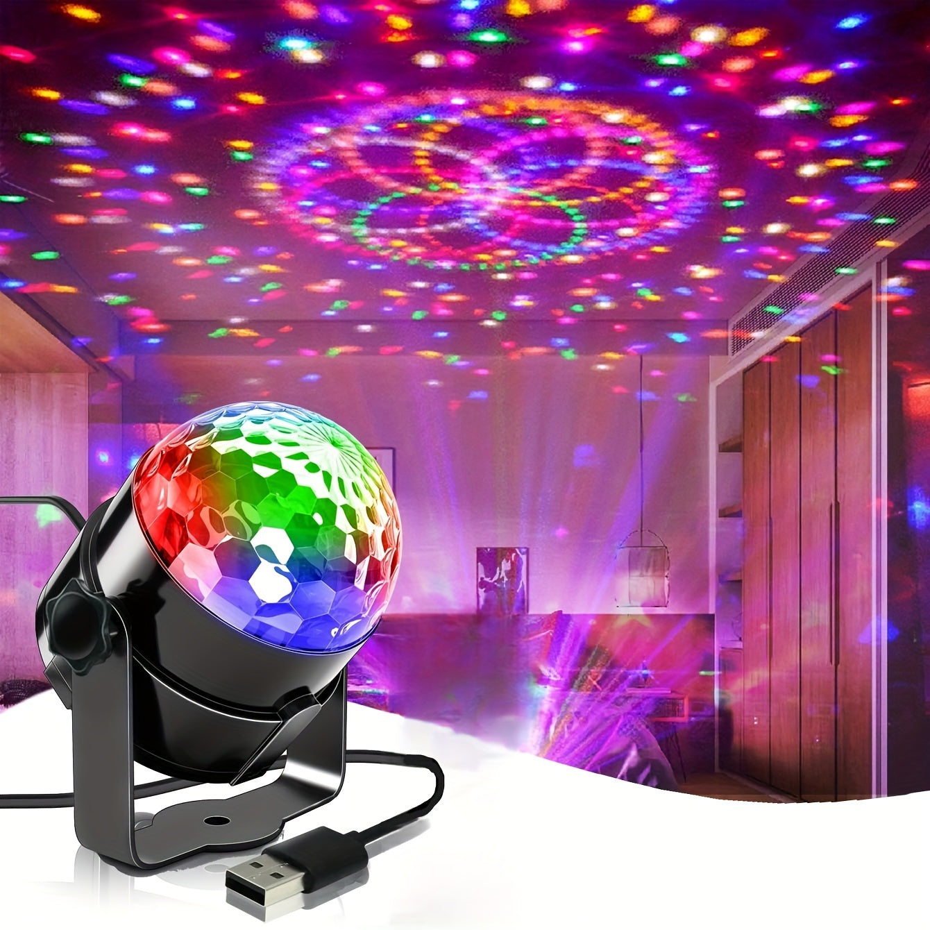 RGB Disco Ball Light with Sound Activation USB Powered 7 Modes for Parties and Events