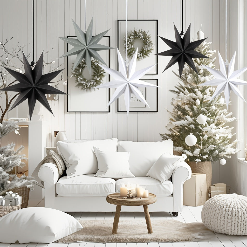Set de 3 faroles de papel 3D en forma de estrella, decoraciones navideñas para interior, 30.48cm, negro, gris, blanco