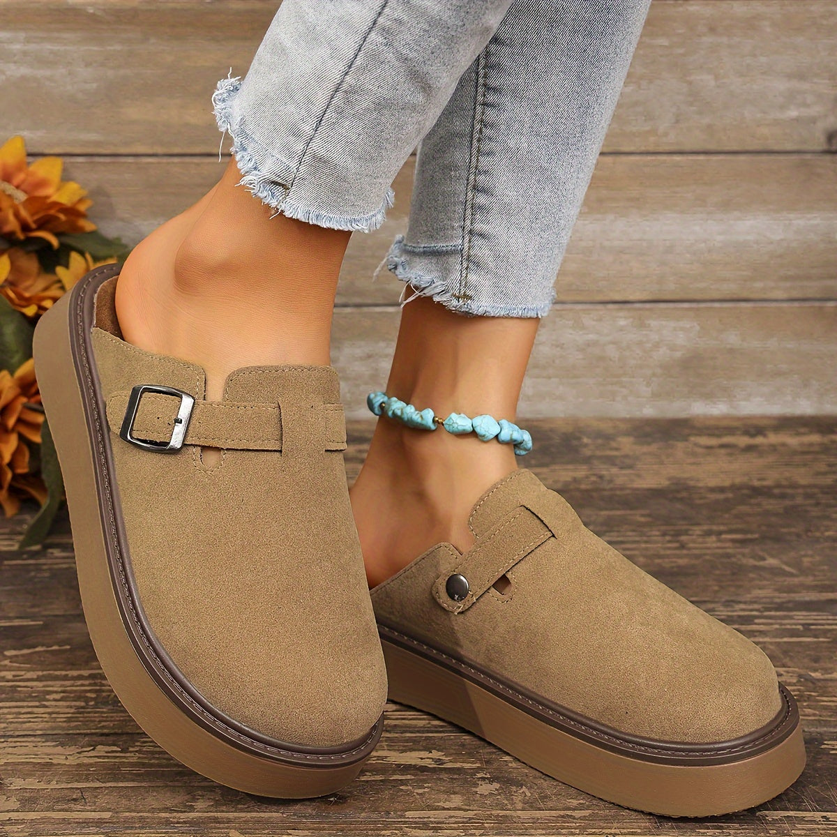 Women's Casual Buckle Loafers All-Season PU Upper Rubber Sole Flannel Insole