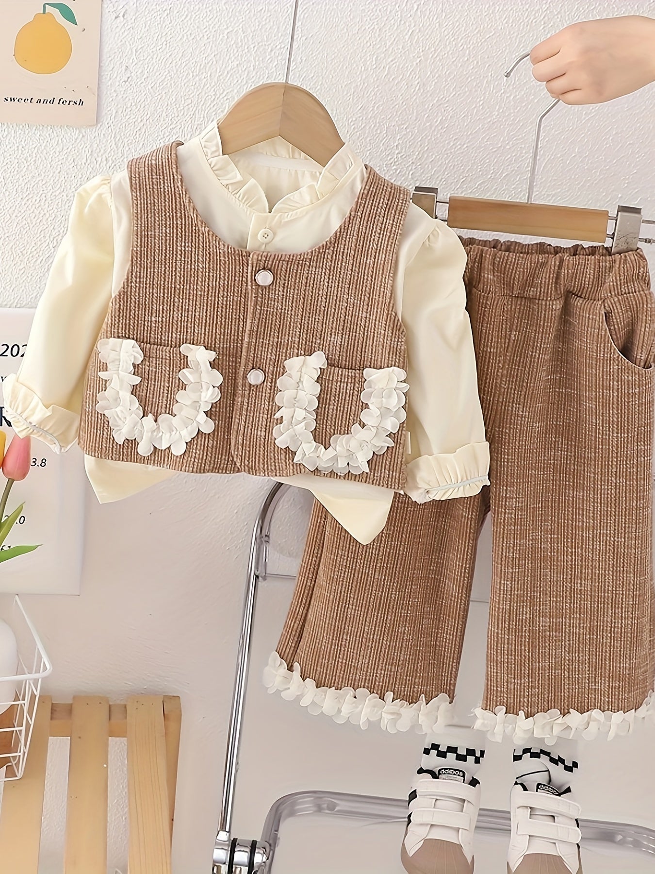 Girls Autumn Outfit Set Shirt Vest with Lace Pockets Trousers Cotton Blend Spring Fall Kids