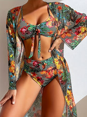 Women's Floral V-Neck Bikini Swimsuit with Bow, High Stretch Polyester Fabric