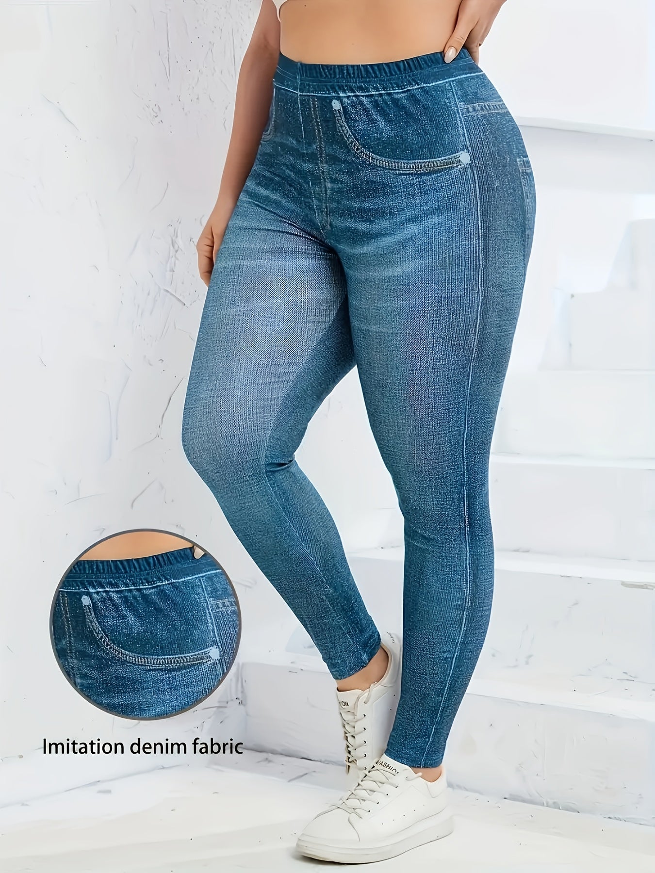 Women's Plus Size Sports Leggings Imitation Denim Blue High Waist Fitness Tights