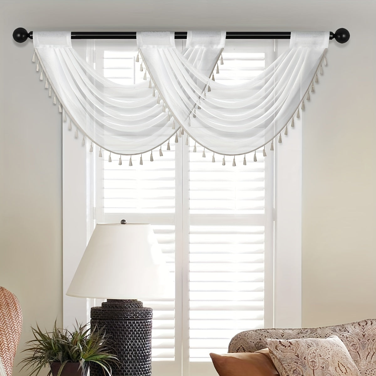 Sheer Wave Curtain Valance with Tassels Edge 30x24 Inches Light-Transmitting Rod Pocket Decor