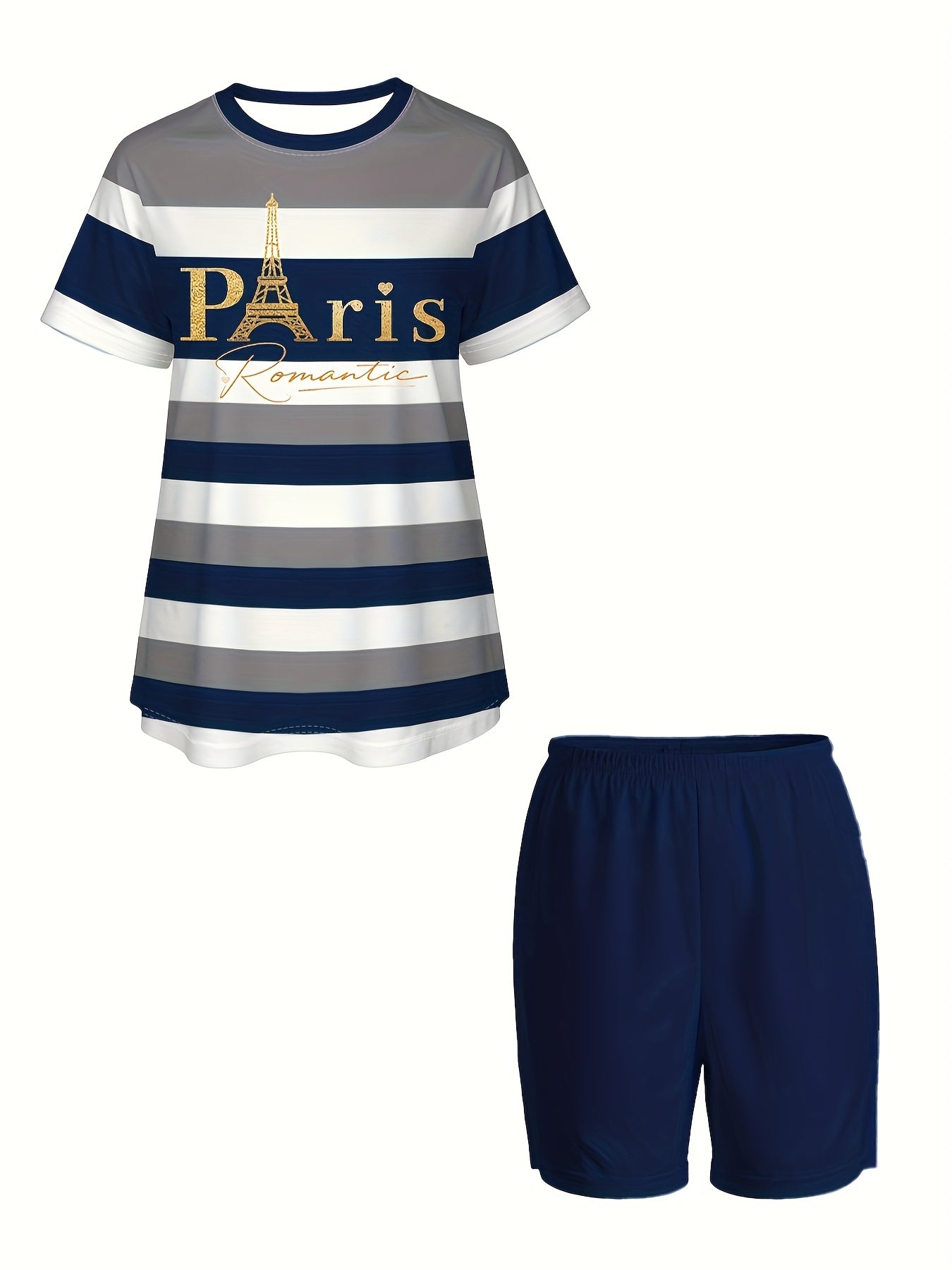 Girls Summer Short-Sleeve Top And Shorts Set Polyester Spandex Striped Letters