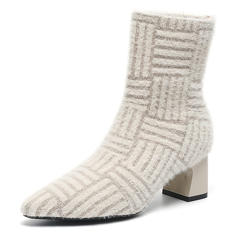 Women's Ankle Boots Knit Fabric Block Heel Slip-On Casual Styles