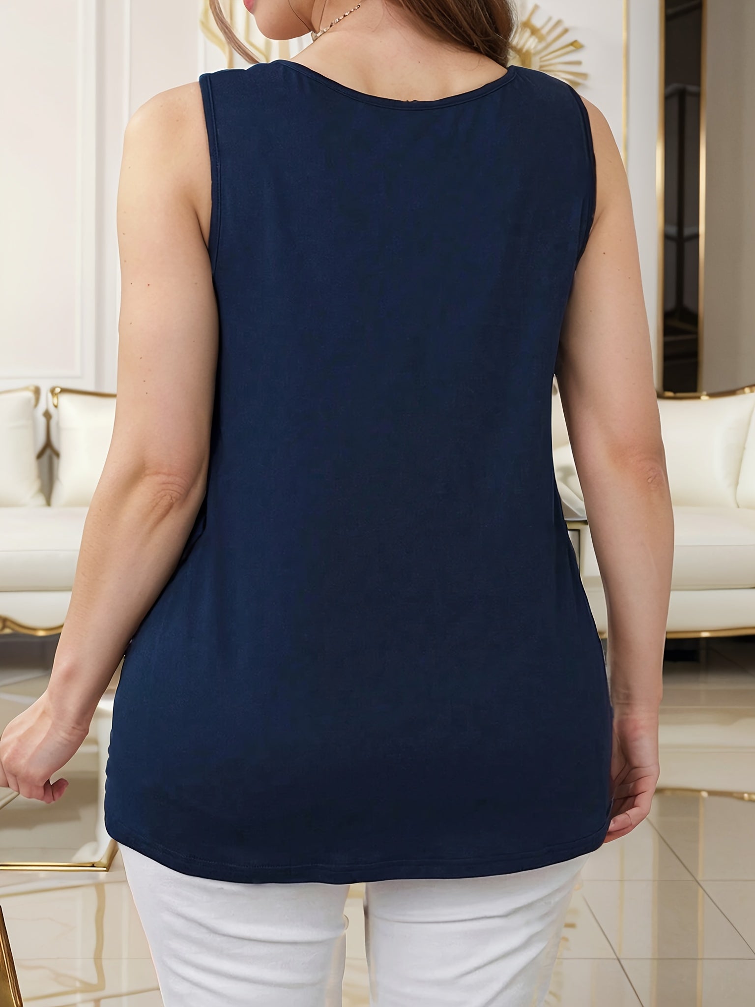 Топ без рукавов для женщин больших размеров с вырезами и однотонным цветом, летняя одежда с круглым вырезом