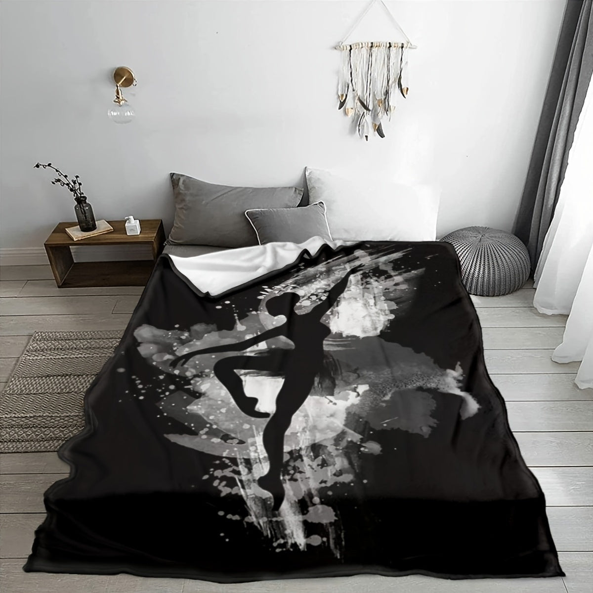 Contemporary Ballet Dancer Print Throw Blanket Knitted Polyester Flannel for Bed Sofa Living Room Decor