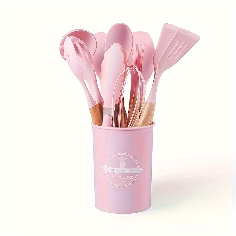 Wooden Handle Silicone Kitchen Utensil Set 6 or 12 Pieces Non-Stick Spatula Ladle Whisk