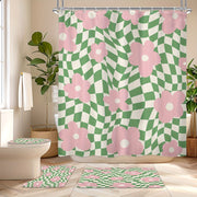 Polyester Shower Curtain Pink Green Floral Checkered 152x183 cm Waterproof Machine Washable