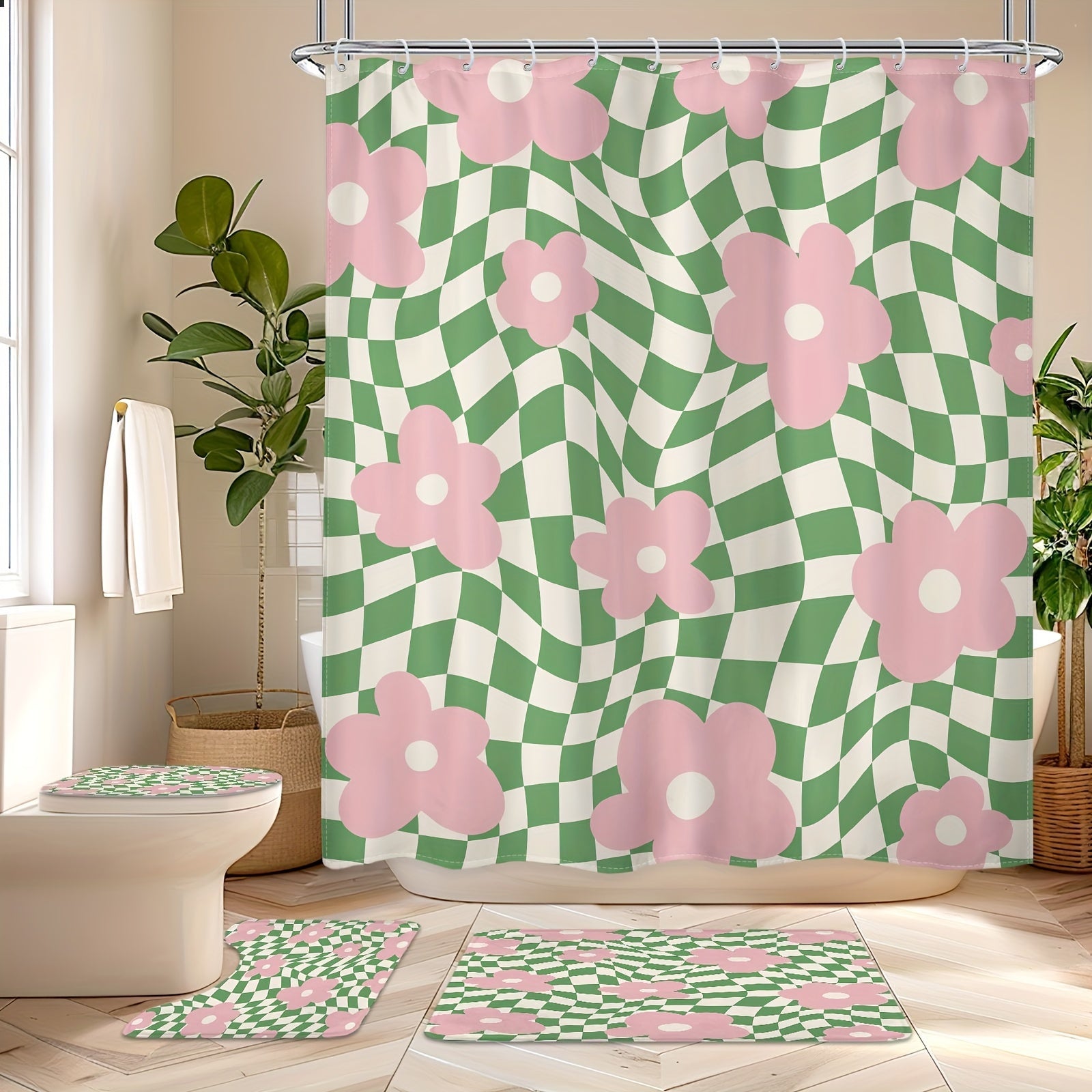 Polyester Shower Curtain Pink Green Floral Checkered 152x183 cm Waterproof Machine Washable