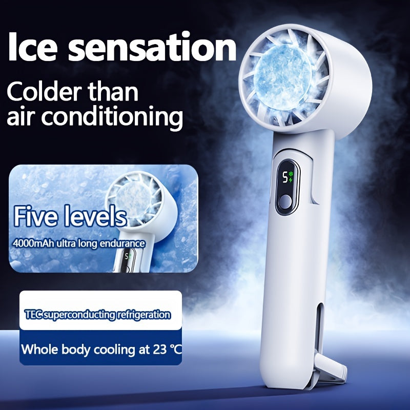 Portable Handheld Fan with Digital Display, 5-Speed, Folding Neck, Power Bank