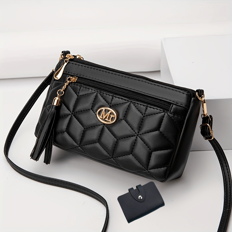 Women's Black Quilted Crossbody Bag with Zipper Closure and Phone Pocket