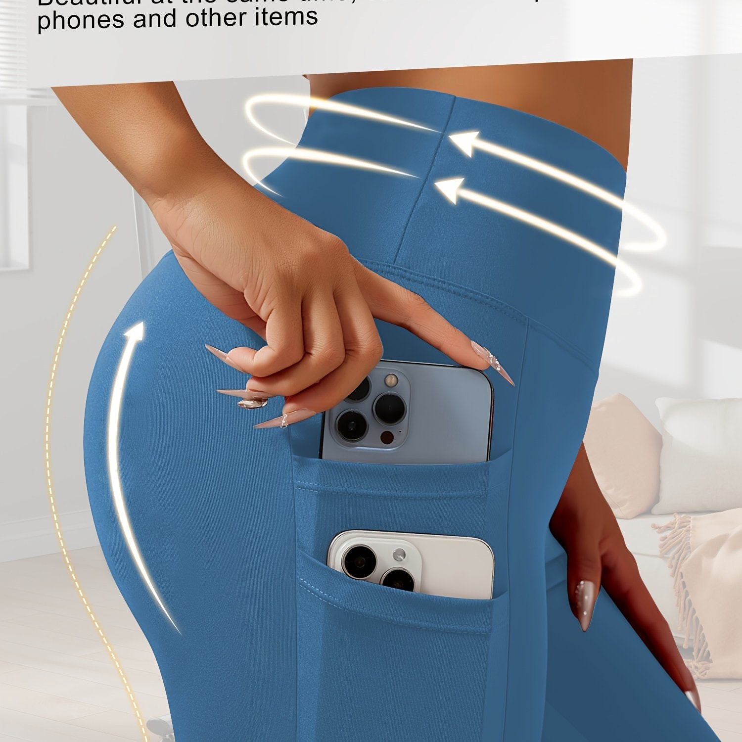 Leggings de talla grande con cintura alta y bolsillos, de poliéster elástico y elastano