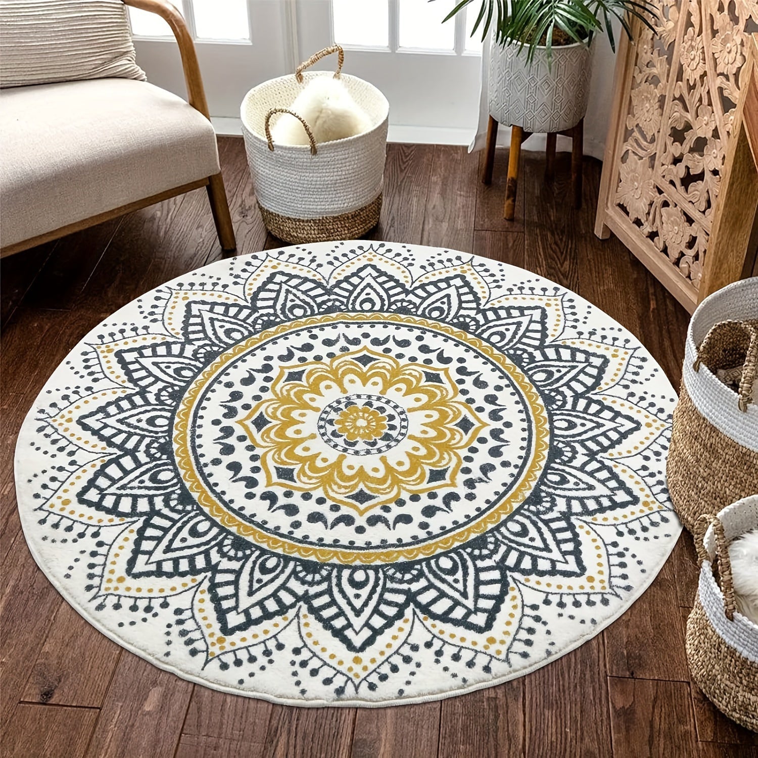 Bohemian Flower Round Carpet Rug Non-slip Indoor Living Room Bedroom Decor