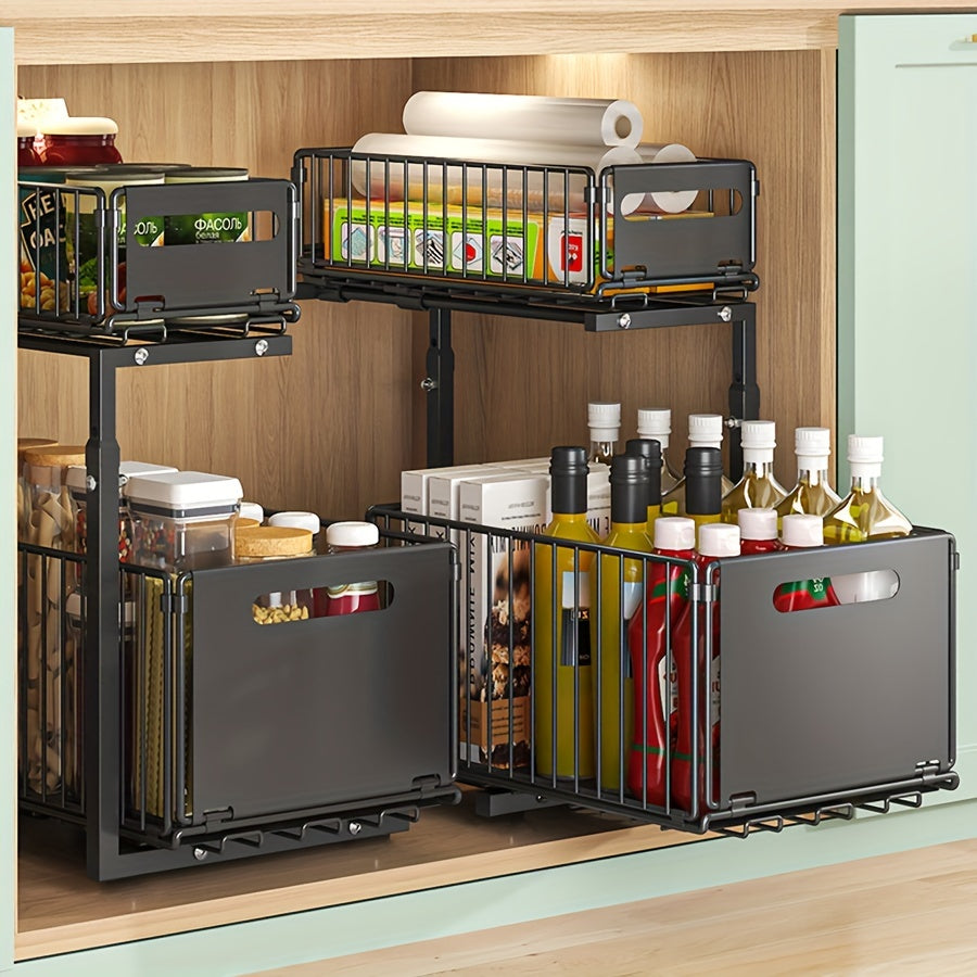 Black Metal Under Sink Organizer 2-Tier Pull-Out Shelf for Kitchen Bathroom Storage