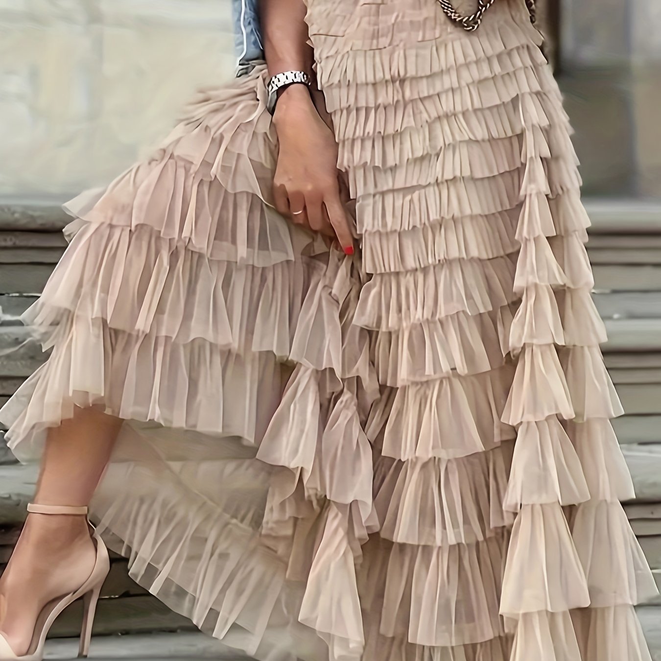 Plus Size Emerald Green Tiered Ruffled Skirt with Sheer Mesh Overlay