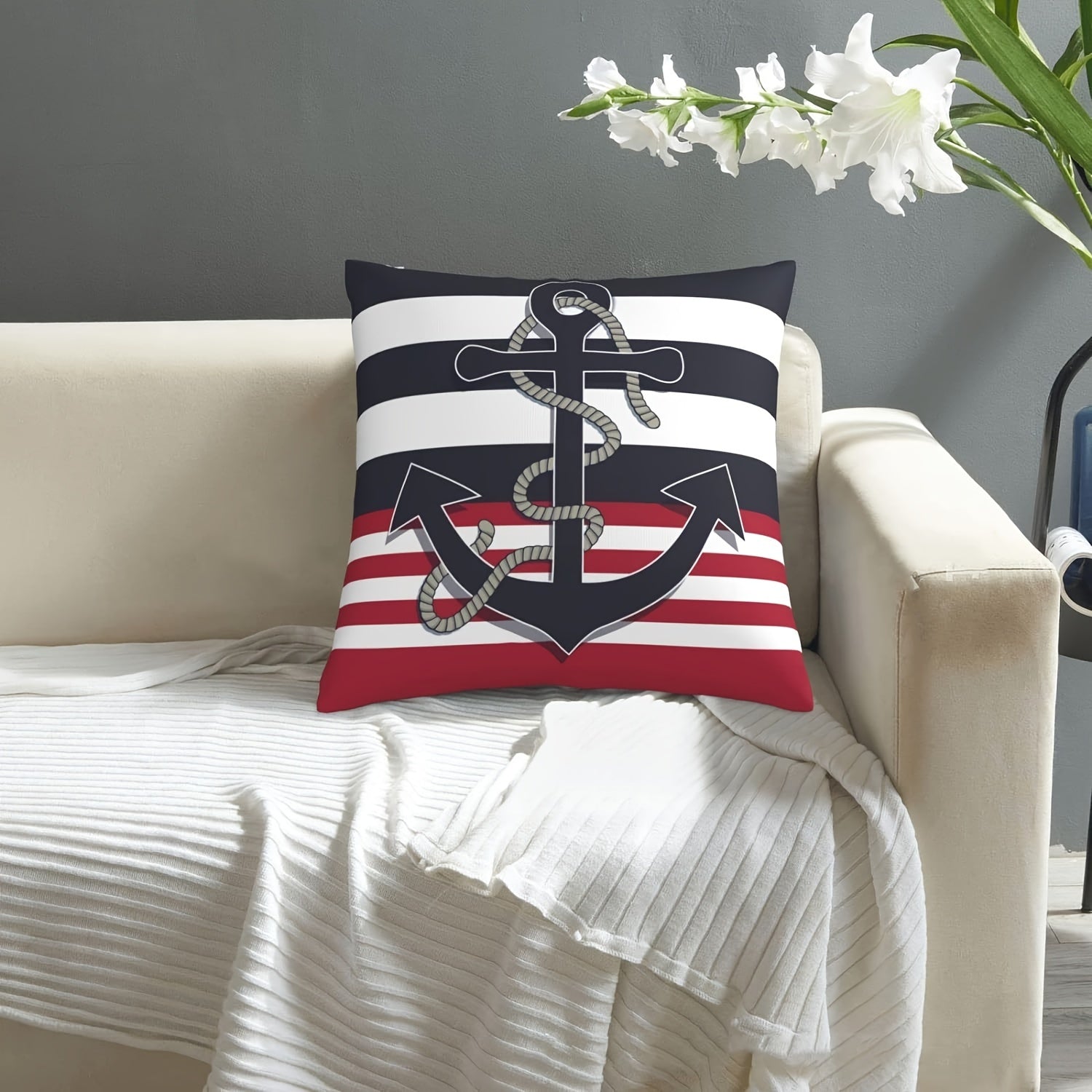 Decorative Pillow Cover Peach Velvet Anchor Design Soft Zip Closure for Sofa Bed Car