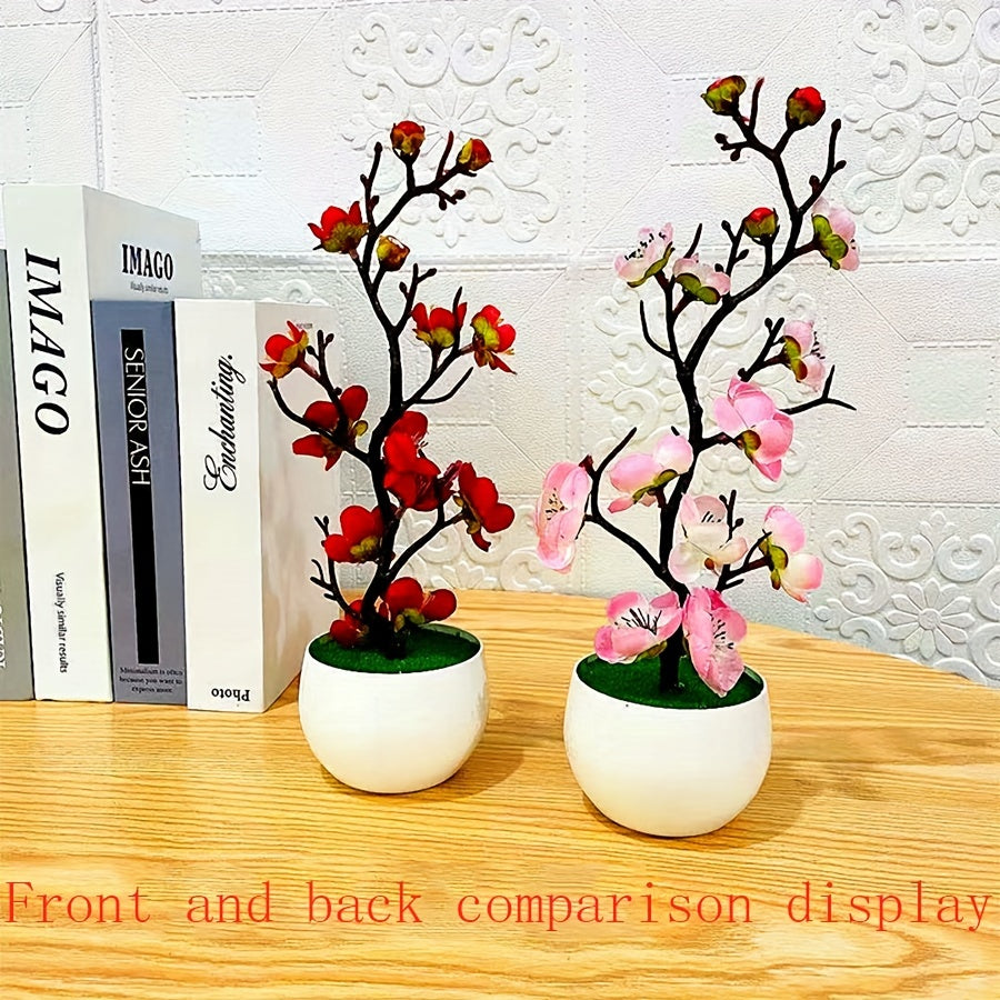 Sun'iy Plum Blossom Bonsai Sun'iy O'simlik Uy Ofis Dekori uchun Haqiqiy Ko'rinishdagi Potted Sun'iy Gul