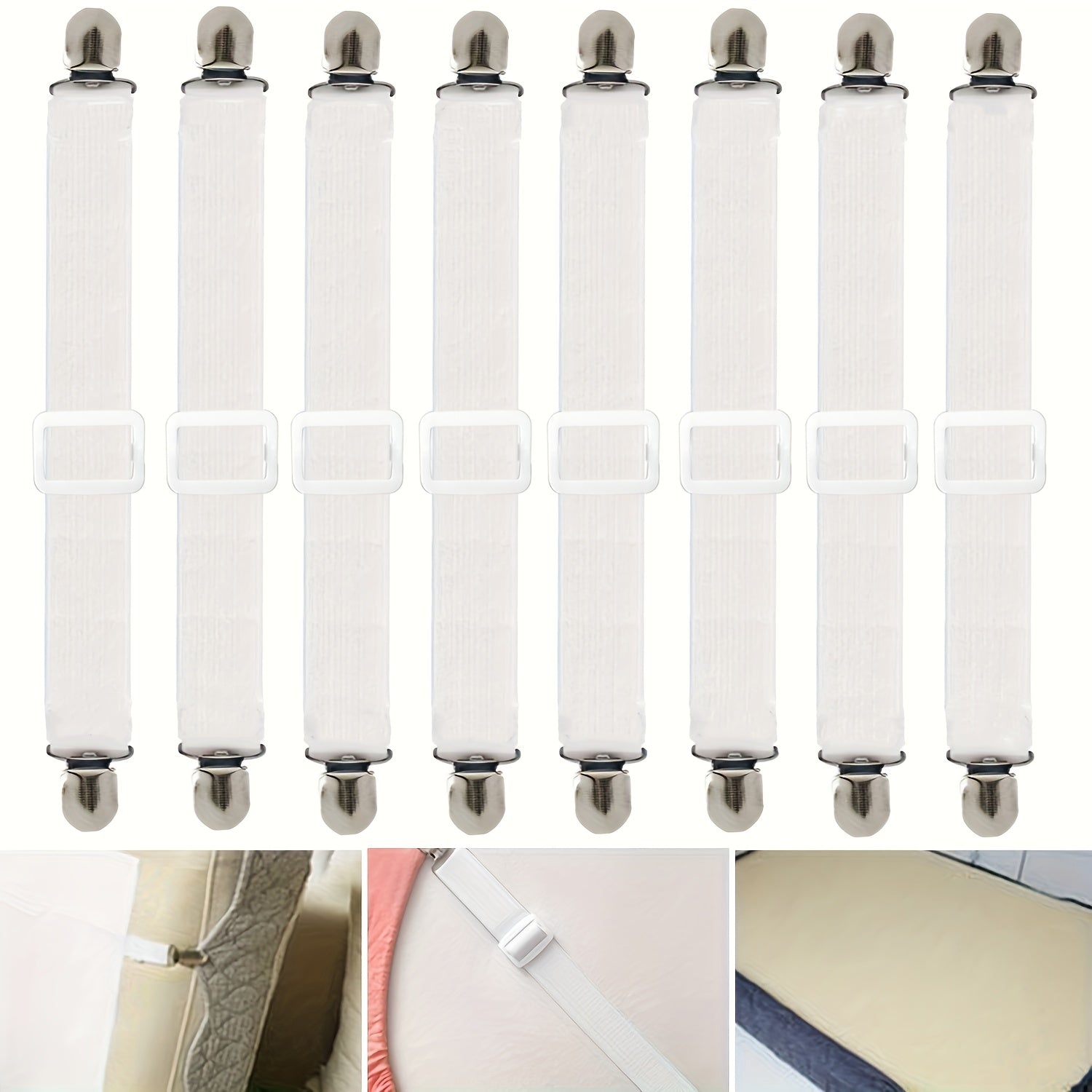 Set of 8 Adjustable Bed Sheet Clips Elastic Fasteners Fitted Sheet Suspenders