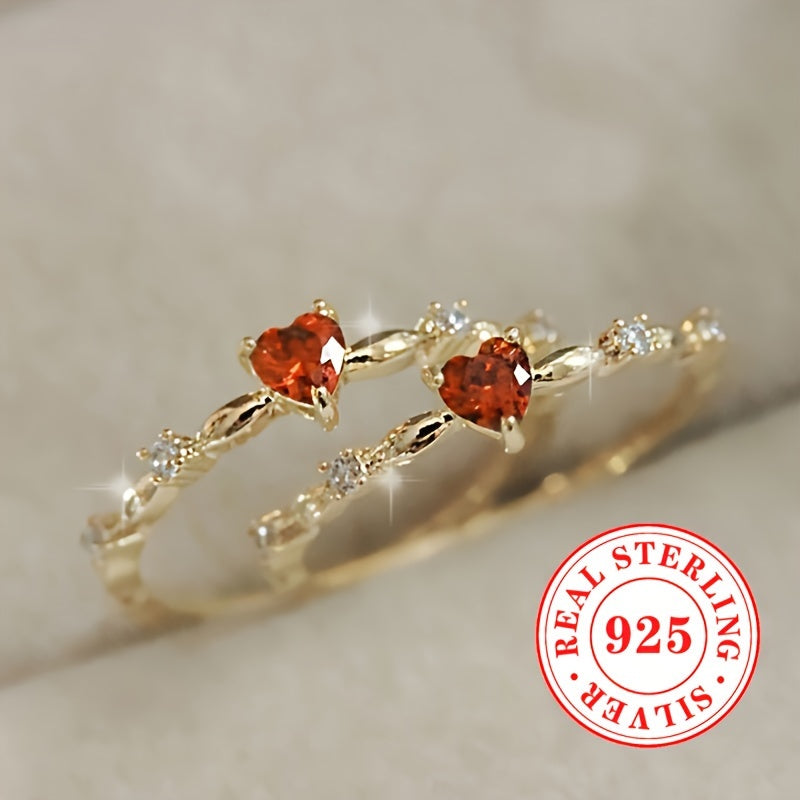 Sterling Silver Thin Ring with Synthetic Heart-Shaped Ruby for Ladies Engagement