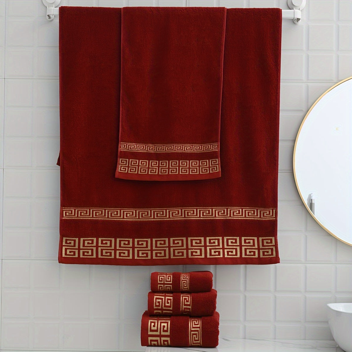 Cotton Bath Towel with Geometric Embroidery Soft Absorbent Quick-Drying Black 34x75cm or 70x140cm