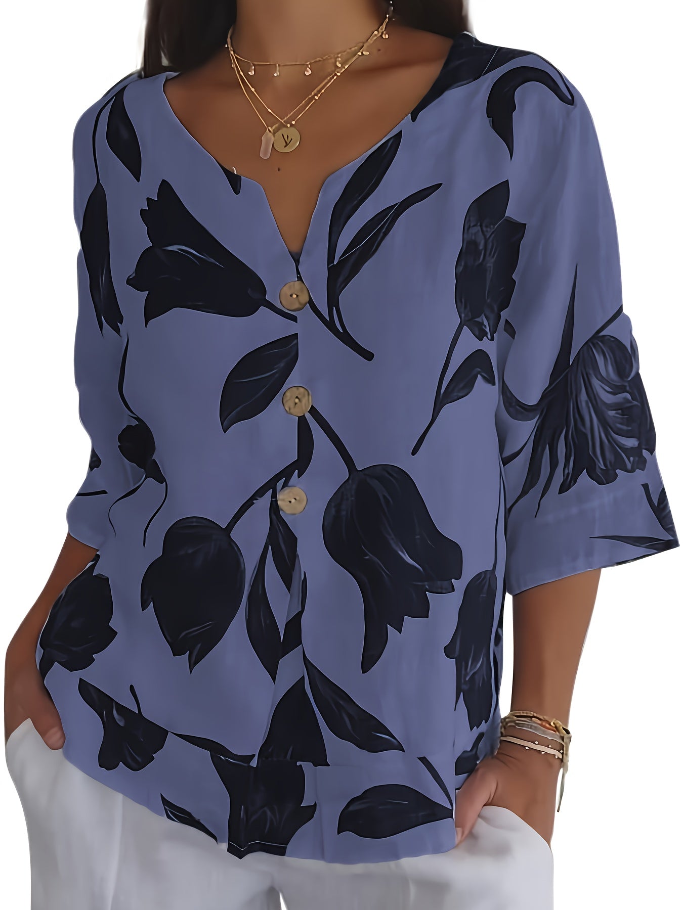 Plus Size Floral V-Neck Blouse for Women Casual Short Sleeve Polyester Blend
