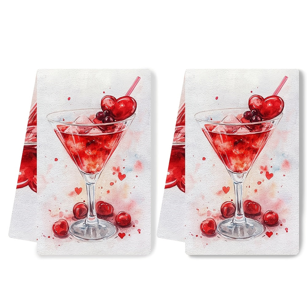 Set of 2 Ultra Soft Kitchen Towels Cherry Cocktail Design 40x60cm Absorbent