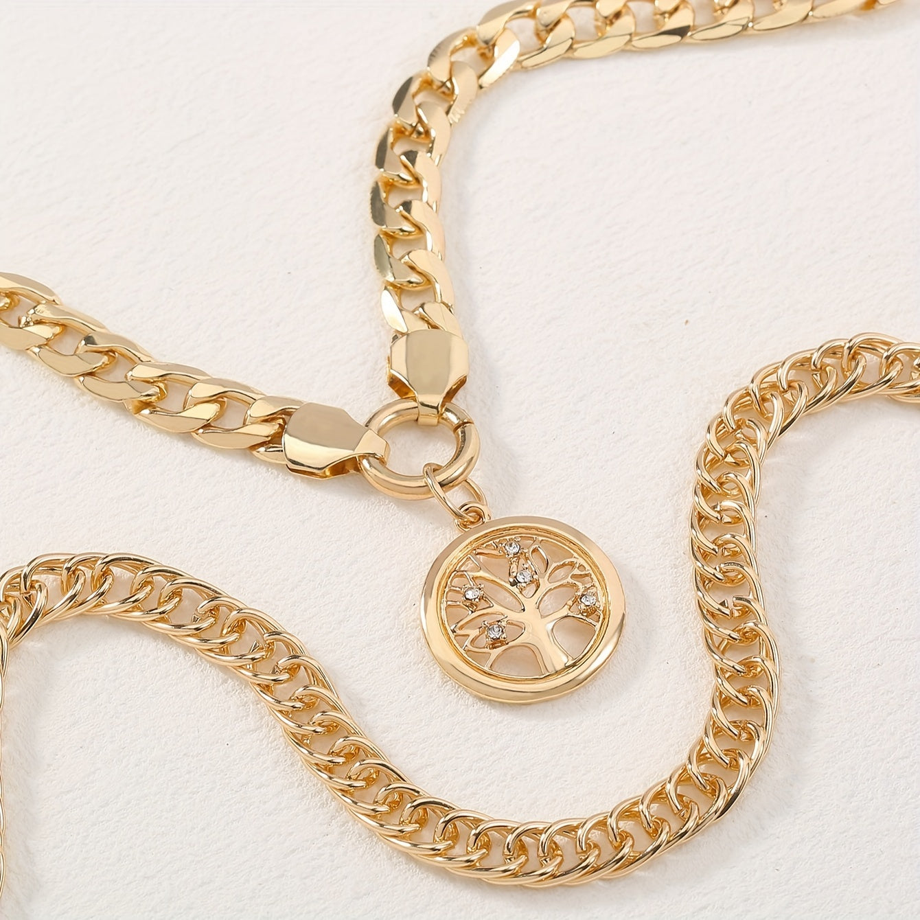 Set of 2 Layered Necklaces with Tree of Life Pendant and Cuban Link Chain