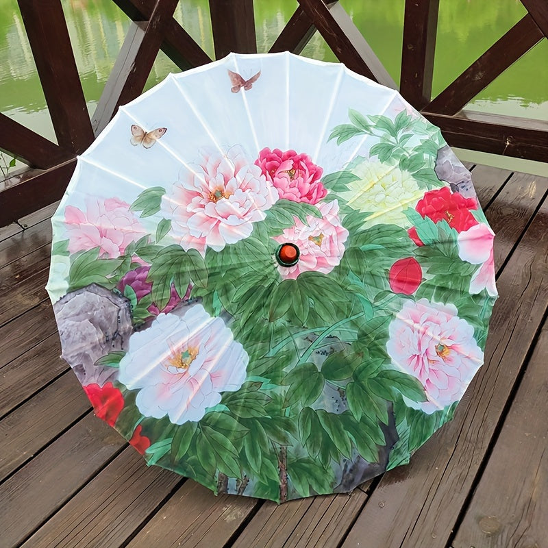 Chinese Cherry Blossom Parasol Umbrella with Bamboo Handle for Sun Rain Protection Weddings Parties