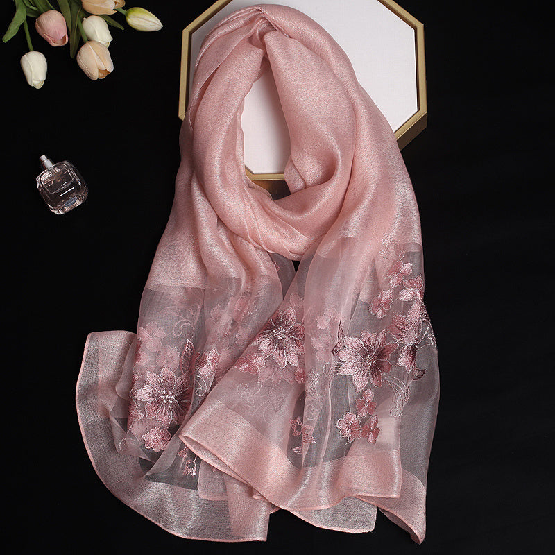 Silk and Wool Embroidery Scarf for Women Floral Long Outerwear