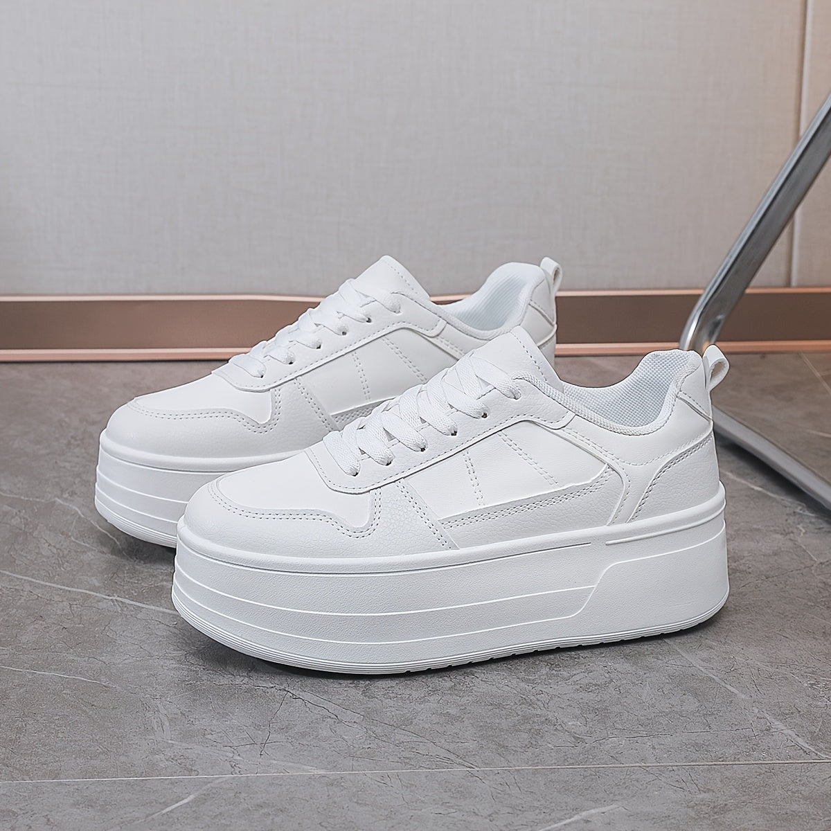 Women's White Platform Sneakers - Lace-Up, Casual Low Top with TPR Sole