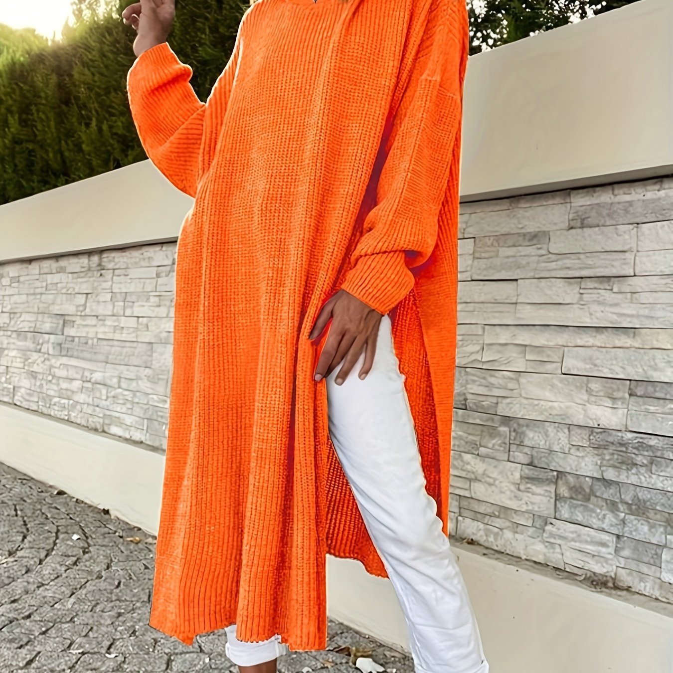 Plus Size Solid Hooded Knitted Top for Women Long Sleeve Fall Spring