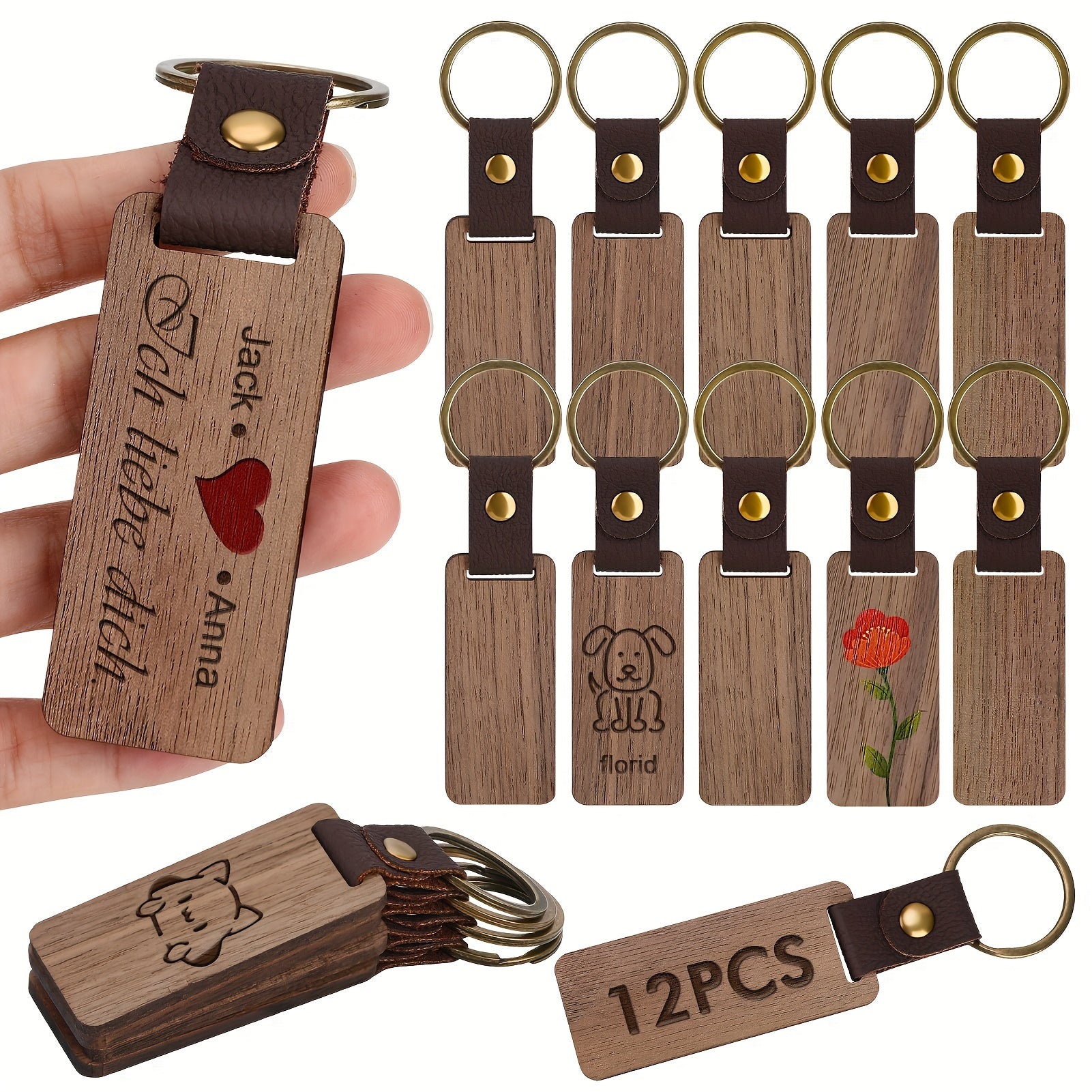 Set of 12 Personalized Wooden Keychains with Ring Buckle for Gifts and Crafts