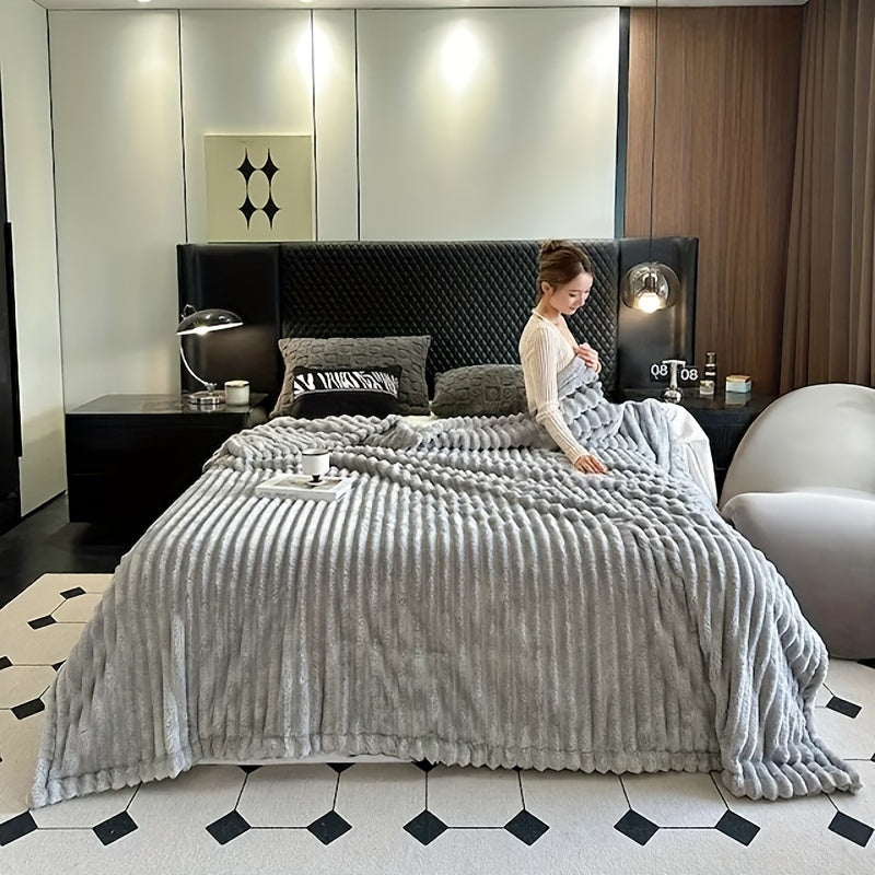 Faux Mink Plush Blanket Soft Cozy Warm for Bedroom Dorm Hotel Stylish Striped