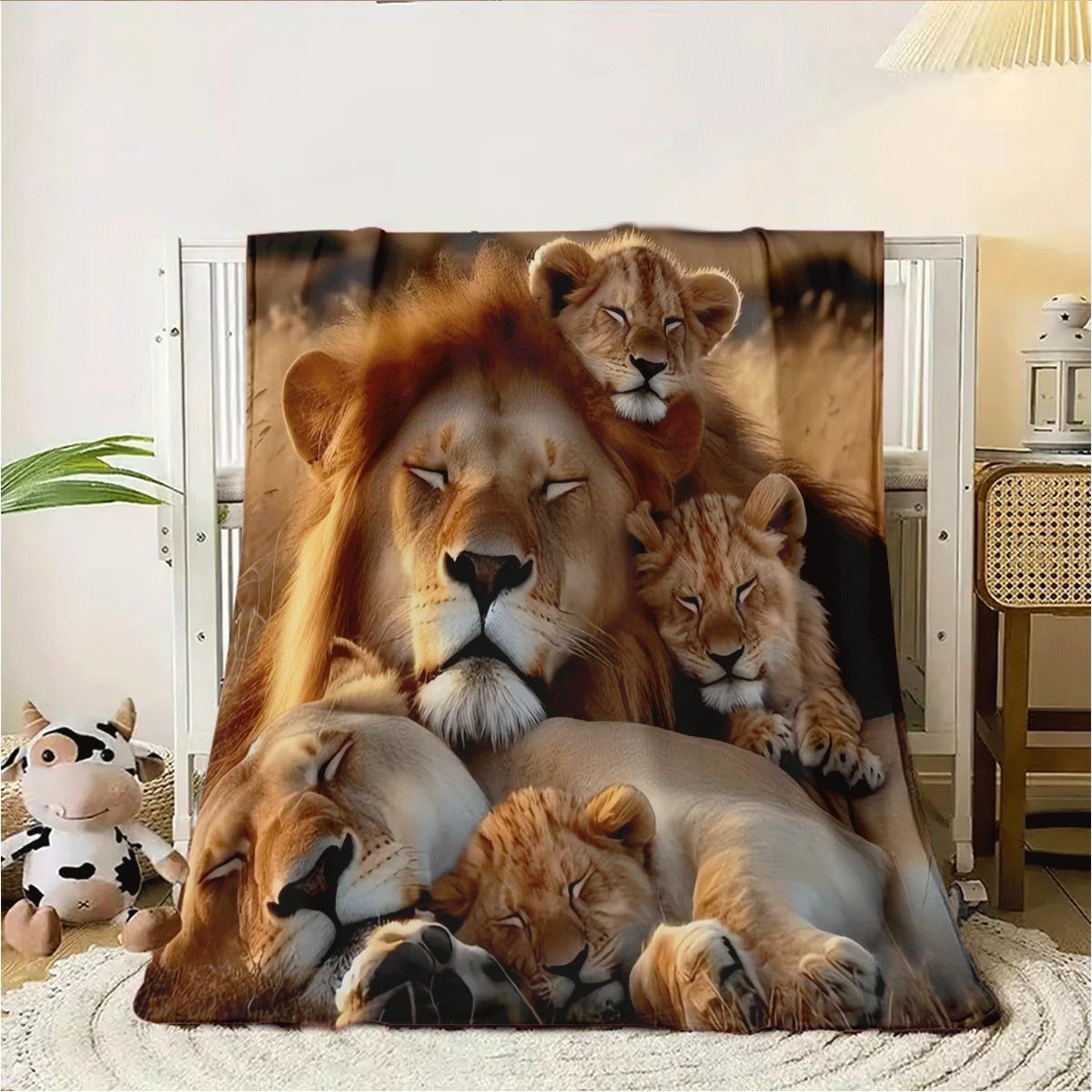 Vintage Lion Family Print Flannel Throw Blanket Yengil Polyester Sofaga mo‘ljallangan