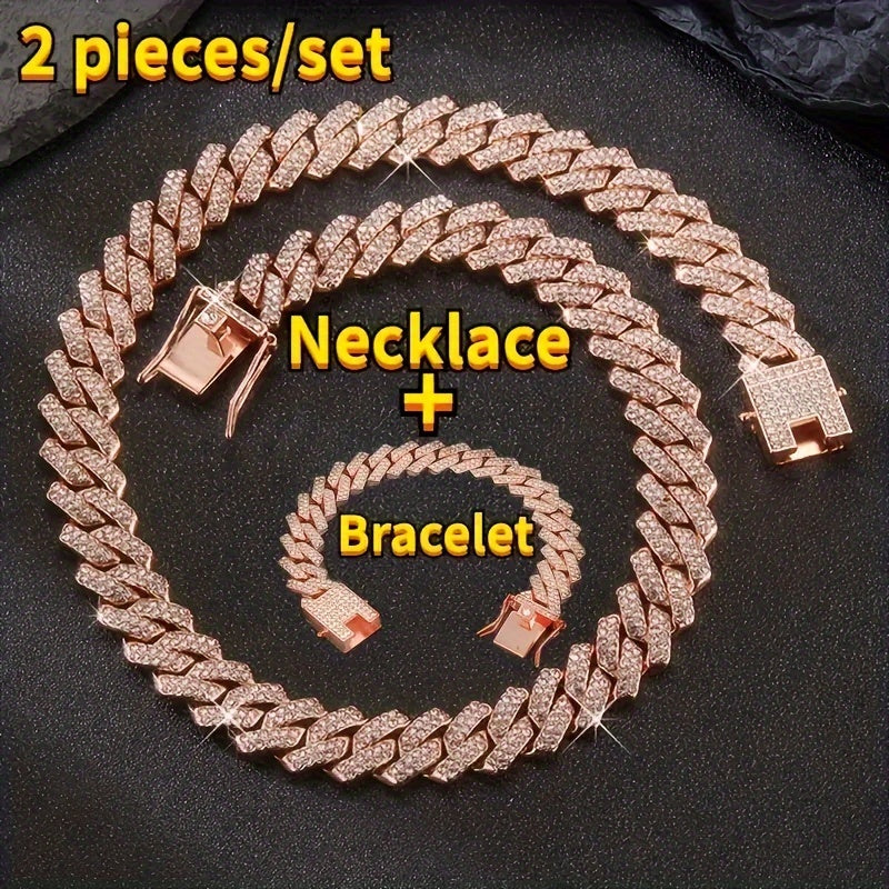 Y2K Rhinestone Cuban Link Chain Necklace and Bracelet Set for Hip Hop Style