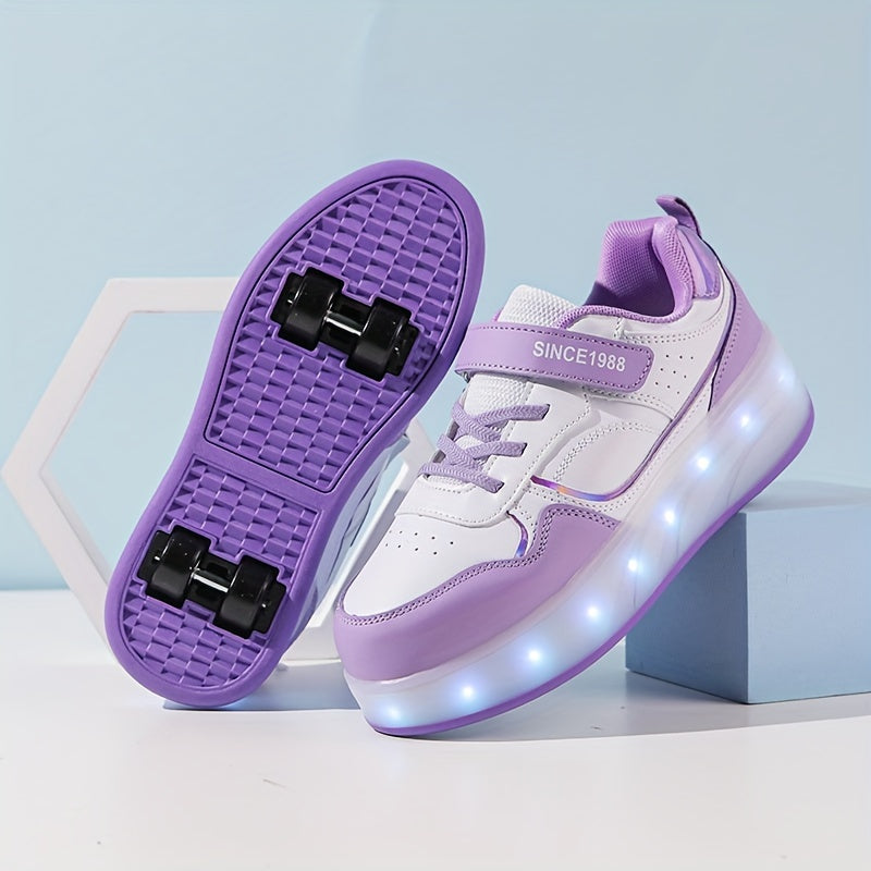 Girls LED Light-Up Roller Skates Purple White Adjustable Breathable Casual Outdoor