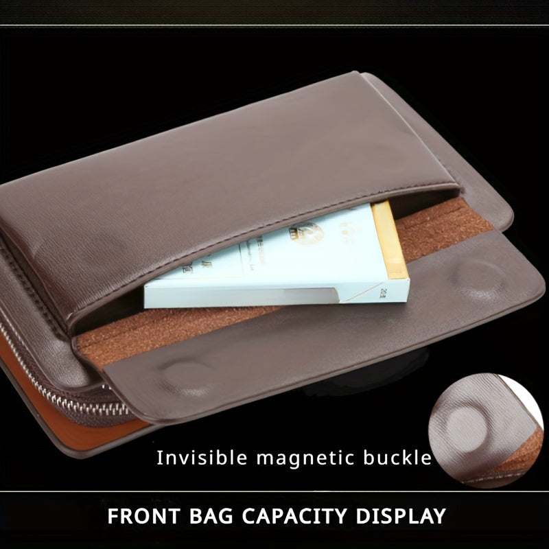 Men's Faux Leather Multi-Layer Business Handbag with Flap Phone Clutch and Card Slots