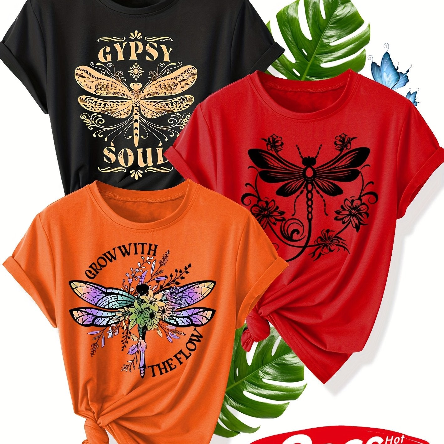 Women's Summer Casual T-Shirt With Flower Dragonfly Print Short Sleeve Multiple Colors