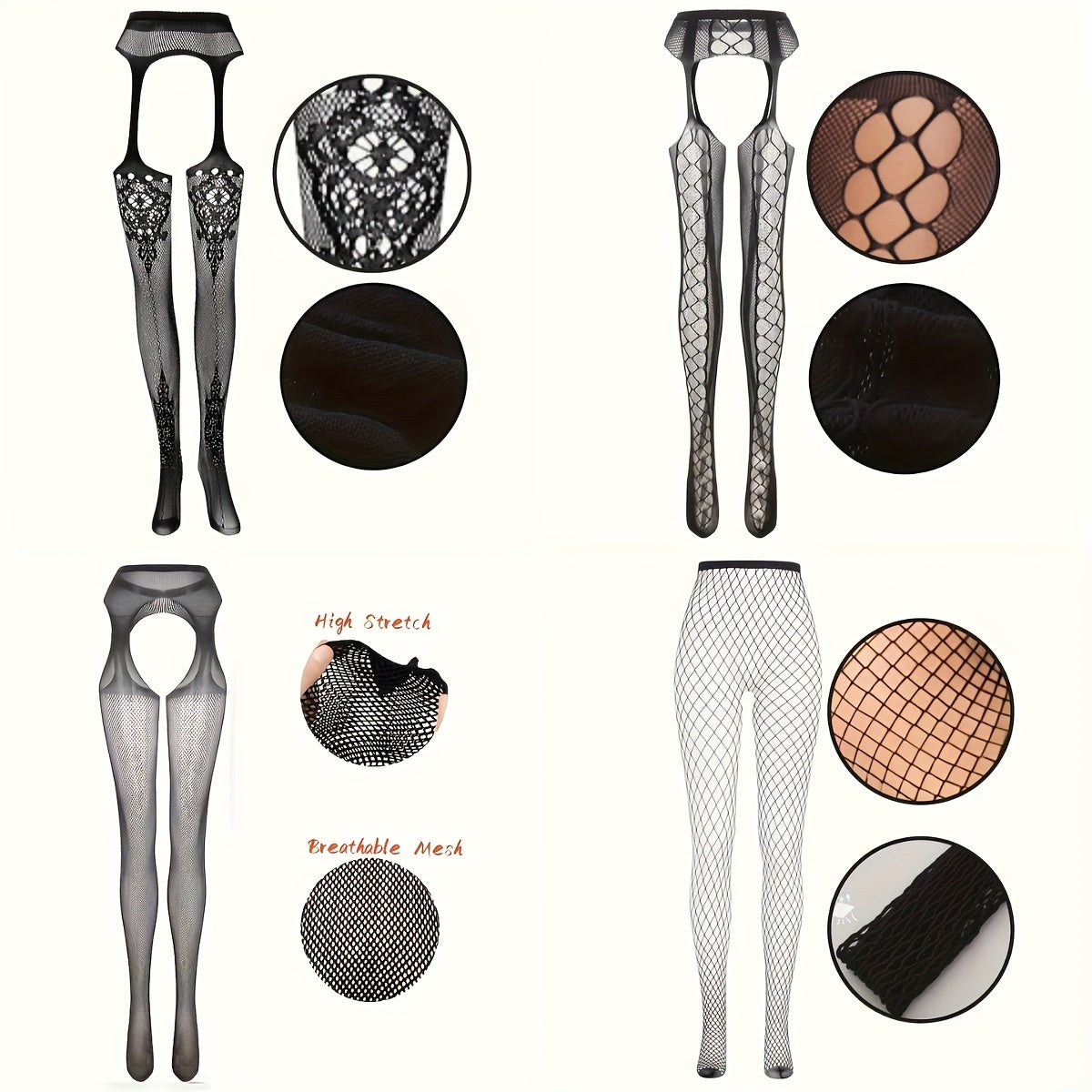 Women's Fishnet Stockings Set with Garter Belts and Thong